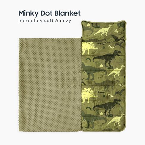 استيقظ في السحابة - بساط قيلولة للأطفال الصغار مع وسادة وبطانية من الصوف المنكي، للأطفال الأولاد في رياض الأطفال في مرحلة ما قبل المدرسة للرعاية النهارية، حقيبة نوم قابلة للطي، رسم عالم الديناصورات الجوراسية، أزرق داكن، قياسي in Kuwait