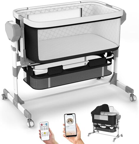 Rocking Bassinet for Baby, Electric Bassinet Automatic 5 Rocking Motion Bassinet Bedside Sleeper for Newborn, Auto Rolling Baby Cradle 6 Height Adjustable with 4 Lullabies, Wheels, Storage in Kuwait