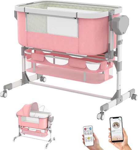 Rocking Bassinet for Baby, Electric Bassinet Automatic 5 Rocking Motion Bassinet Bedside Sleeper for Newborn, Auto Rolling Baby Cradle 6 Height Adjustable with 4 Lullabies, Wheels, Storage in Saudi Arabia
