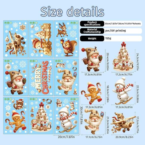 9 Sheets Christmas Window Clings, Xmas Window Clings Reusable Double Sided Santa Claus Snowman Christmas Tree Gingerbread Man Snowflake Clings for Xmas Decorations Home Decor Office Party Supplies in Saudi Arabia