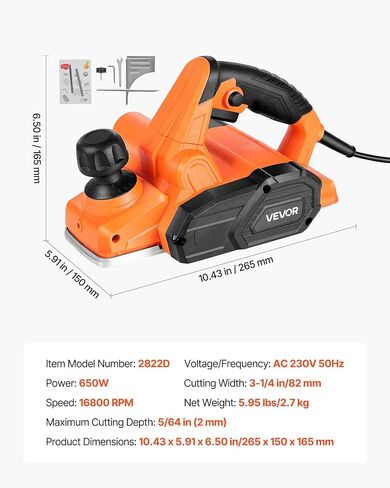 VEVOR Electric Hand Planer, 3-1/4-Inch Cut Width, 7-Amp 16800 RPM Corded Power Handheld Planer for Wood, with Adjustable Cut Depth, 2 Blades, for Woodworking Wood Chamfer DIY Smooth Finish Carpentry in Saudi Arabia