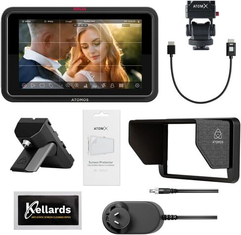 مسجل شاشة كاميرا Atomos Ninja TX GO مقاس 5 بوصات، HDMI CFexpress Wi-Fi HDR Touchscreen ProRes RAW مع مجموعة ملحقات Atomos Creator لشاشات 5 بوصات، مناديل تنظيف الشاشة المضادة للكهرباء الساكنة (5 عبوات) in Saudi Arabia