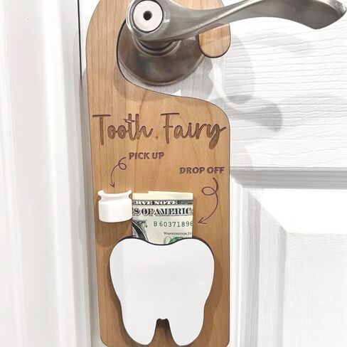 2-in-1 Design Tooth Fairy Tooth Holder Door Hanger with Money Slot，Including Fairy Coins,Wooden Encourage Gift for Kids Children Boys Girls in Saudi Arabia