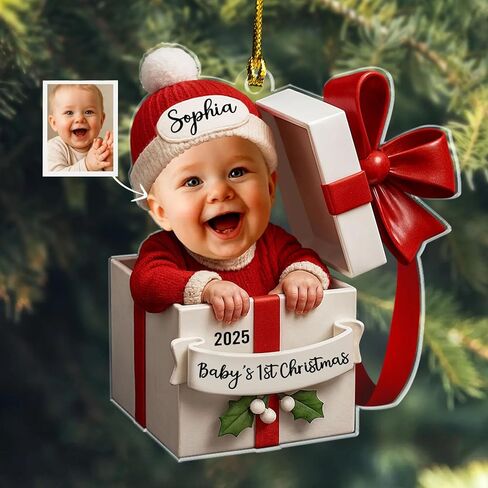 Personalized Baby Inside Gift Box, Custom Babys First Christmas Ornament 2025 with Picture, Photo Ornaments for Christmas Tree Decorations, Customized Xmas Decor for Baby Boy Girl in Kuwait