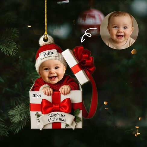 Personalized Baby Inside Gift Box, Custom Babys First Christmas Ornament 2025 with Picture, Photo Ornaments for Christmas Tree Decorations, Customized Xmas Decor for Baby Boy Girl in Kuwait