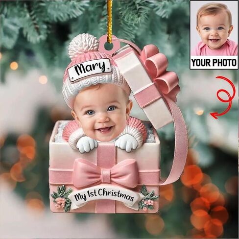 Personalized Baby Inside Gift Box, Custom Babys First Christmas Ornament 2025 with Picture, Photo Ornaments for Christmas Tree Decorations, Customized Xmas Decor for Baby Boy Girl in Kuwait