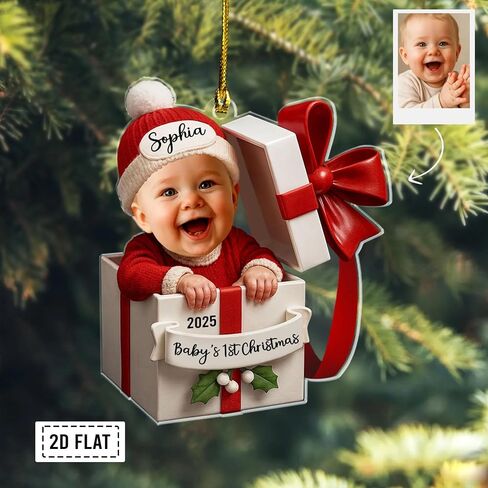 Personalized Baby Inside Gift Box, Custom Babys First Christmas Ornament 2025 with Picture, Photo Ornaments for Christmas Tree Decorations, Customized Xmas Decor for Baby Boy Girl in Kuwait