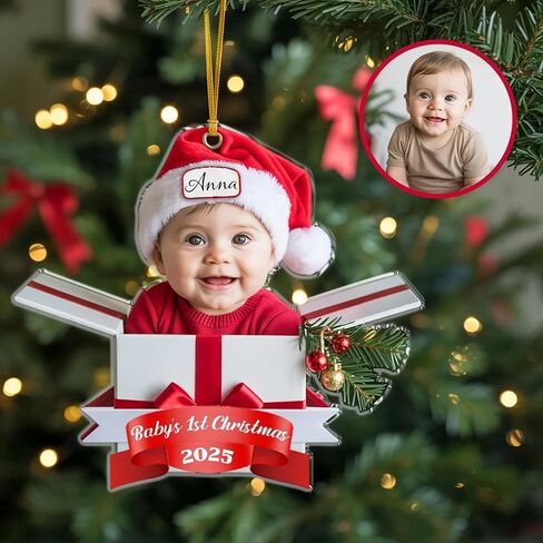 Personalized Baby Inside Gift Box, Custom Babys First Christmas Ornament 2025 with Picture, Photo Ornaments for Christmas Tree Decorations, Customized Xmas Decor for Baby Boy Girl in Kuwait