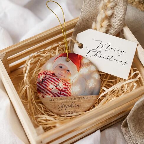 Personalized Baby Inside Gift Box, Custom Babys First Christmas Ornament 2025 with Picture, Photo Ornaments for Christmas Tree Decorations, Customized Xmas Decor for Baby Boy Girl in Kuwait