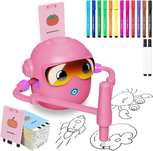 Drawing Robot for Kids, with 100 Word Cards, 12 Color Pens, Voice Interactive Educational Drawing Machine, Montessori Painting Learning Toys for 3 4 5 6 7 8 Year Old Boys Girls Birthday Party (Pink) in Kuwait
