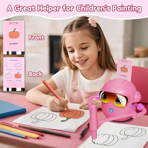 Drawing Robot for Kids, with 100 Word Cards, 12 Color Pens, Voice Interactive Educational Drawing Machine, Montessori Painting Learning Toys for 3 4 5 6 7 8 Year Old Boys Girls Birthday Party (Pink) in Kuwait