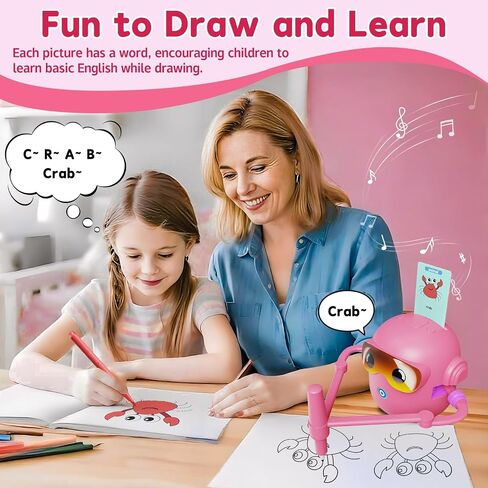 Drawing Robot for Kids, with 100 Word Cards, 12 Color Pens, Voice Interactive Educational Drawing Machine, Montessori Painting Learning Toys for 3 4 5 6 7 8 Year Old Boys Girls Birthday Party (Pink) in Kuwait