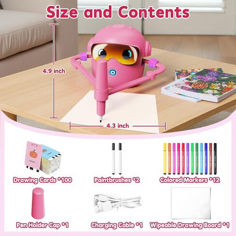 Drawing Robot for Kids, with 100 Word Cards, 12 Color Pens, Voice Interactive Educational Drawing Machine, Montessori Painting Learning Toys for 3 4 5 6 7 8 Year Old Boys Girls Birthday Party (Pink) in Kuwait