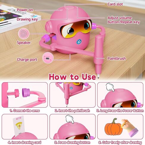 Drawing Robot for Kids, with 100 Word Cards, 12 Color Pens, Voice Interactive Educational Drawing Machine, Montessori Painting Learning Toys for 3 4 5 6 7 8 Year Old Boys Girls Birthday Party (Pink) in Kuwait