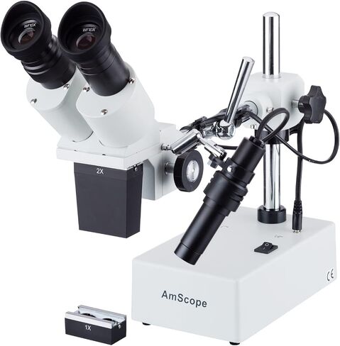 AmScope SE402 Professional Binocular Stereo Microscope, WF10x Eyepieces, 10X and 20X Magnification, 1X and 2X Objectives, Tungsten Lighting, Boom-Arm Stand, 110V-120V in Saudi Arabia