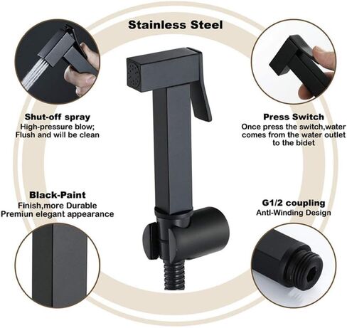 Premium Stainless Steel Bathroom Copper Square Black Nozzle,Shattaf Sprayer Best Used for Personal Hygiene and Potty Toilet Sprayer in Kuwait
