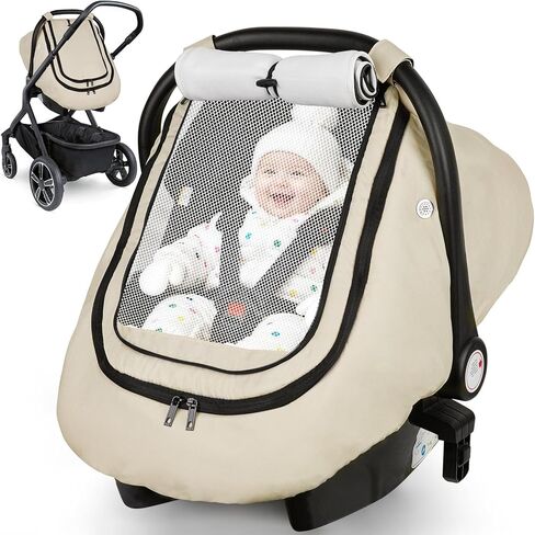 Rquite Car Seat Cover Baby, Winter Carseat Covers Boy Girl, Waterproof Infant Car Seat Cover Warm Car Seat Canopy for Cold Weather, Windproof Baby Carrier/Stroller Cover with 2 Layers Windows, Pink in Kuwait