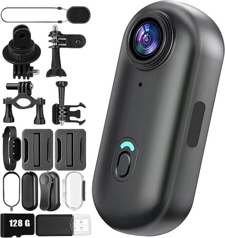 كاميرا POV Pro 4K مقاومة للماء، كاميرا POV مع 6 حوامل مختلفة، كاميرا عمل جديدة ذات زاوية واسعة للغاية ومتعددة الوظائف بجيب الإبهام، رؤية ليلية لتسجيل الفيديو للأنشطة الخارجية (أسود (4K)، 128 جيجا) in Kuwait