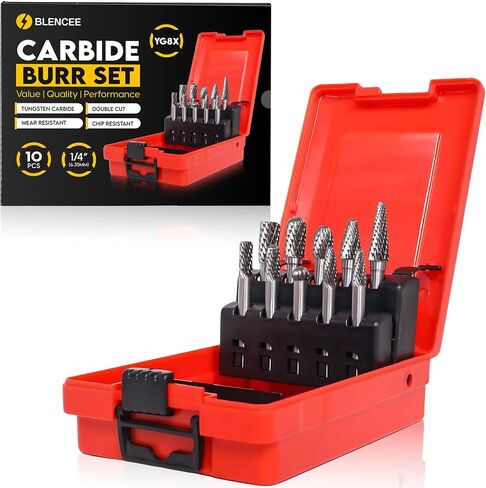 10Pcs Tungsten Carbide Burr Set 6.35mm - 1/4" Shank Double Cut Die Grinder Bits Cutting Burrs - Metal, Steel - Rotary Tools Rasp Accessories - Deburring, Engraving, Grinding, Carving, Porting in Saudi Arabia