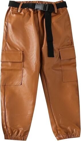 Toddler Baby Girls PU Leather Pants Baggy Cargo Pants Elastic High Waist Hiking Pants Sweatpants Joggers with Belt in Saudi Arabia