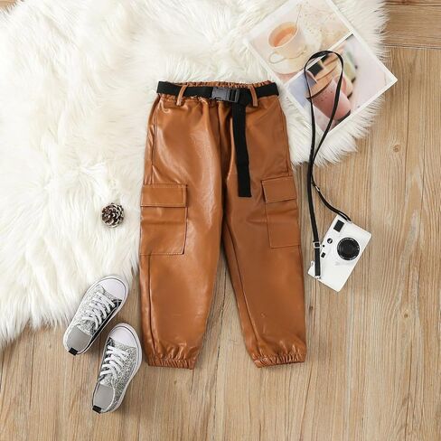 Toddler Baby Girls PU Leather Pants Baggy Cargo Pants Elastic High Waist Hiking Pants Sweatpants Joggers with Belt in Saudi Arabia