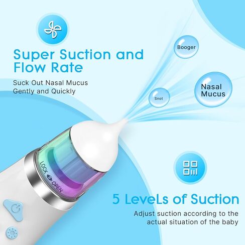 Electric Nasal Aspirator for Baby, Baby Nose Sucker with 5 Levels Suction, Automatic Nose Cleaner with 3 Silicone Tips, Nose Aspirator with Music Soothing Function & Light in Saudi Arabia