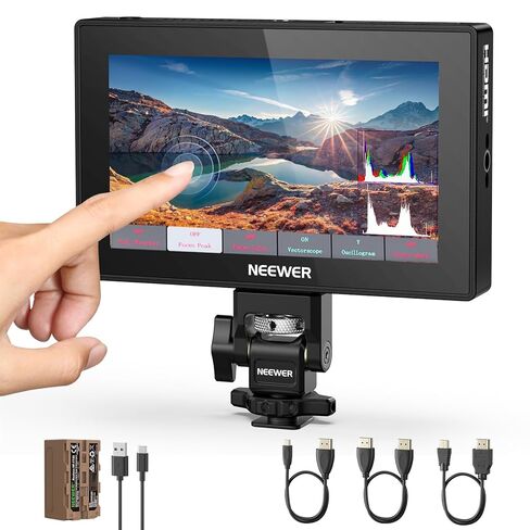 NEEWER 5.5 بوصة شاشة مراقبة ميدانية للكاميرا، شاشة لمس 1575nit HD 1920x1080 IPS، حلقة HDMI 4K داخل/خارج مع تركيز ذروة LUT ثلاثي الأبعاد، مساعدة فيديو DSLR، شكل موجة HDR، بطارية 5200 مللي أمبير F750، DC7-24V/Type C 5V In، F500 PRO in Kuwait