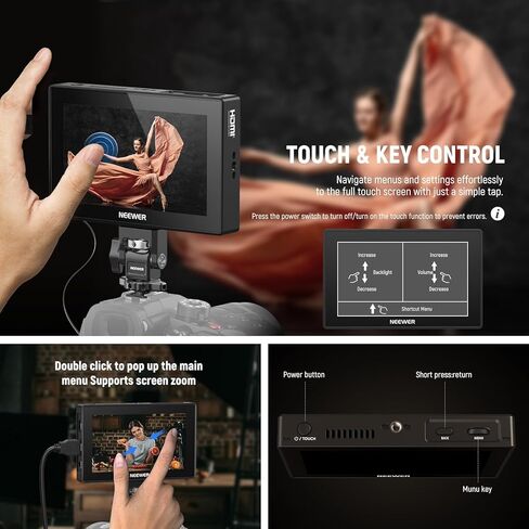 NEEWER 5.5 بوصة شاشة مراقبة ميدانية للكاميرا، شاشة لمس 1575nit HD 1920x1080 IPS، حلقة HDMI 4K داخل/خارج مع تركيز ذروة LUT ثلاثي الأبعاد، مساعدة فيديو DSLR، شكل موجة HDR، بطارية 5200 مللي أمبير F750، DC7-24V/Type C 5V In، F500 PRO in Kuwait