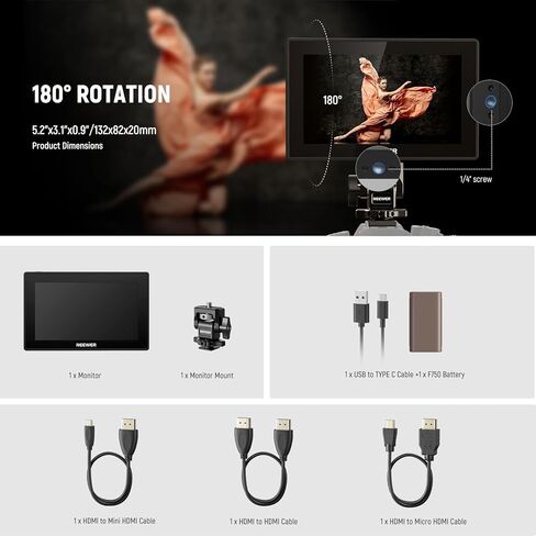 NEEWER 5.5 بوصة شاشة مراقبة ميدانية للكاميرا، شاشة لمس 1575nit HD 1920x1080 IPS، حلقة HDMI 4K داخل/خارج مع تركيز ذروة LUT ثلاثي الأبعاد، مساعدة فيديو DSLR، شكل موجة HDR، بطارية 5200 مللي أمبير F750، DC7-24V/Type C 5V In، F500 PRO in Kuwait