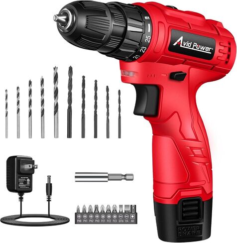 AVID POWER 12V Cordless Drill, 3/8-Inch Keyless Chuck, High-Speed 1400 RPM & 25+1 Torque Control, Electric Power Drill Kit with 21pcs Bits, Battery and Charger in Kuwait