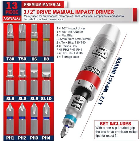 مفك يدوي ذو 13 قطعة مقاس 1/2 بوصة، طقم مفك براغي يدوي قابل للعكس مع مجموعة لقم فيليبس مشقوقة، سداسية، لربط السحابات والصدأ أو البراغي المجمدة، مع حقيبة تخزين in Kuwait