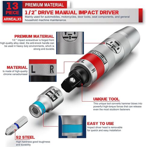 مفك يدوي ذو 13 قطعة مقاس 1/2 بوصة، طقم مفك براغي يدوي قابل للعكس مع مجموعة لقم فيليبس مشقوقة، سداسية، لربط السحابات والصدأ أو البراغي المجمدة، مع حقيبة تخزين in Kuwait