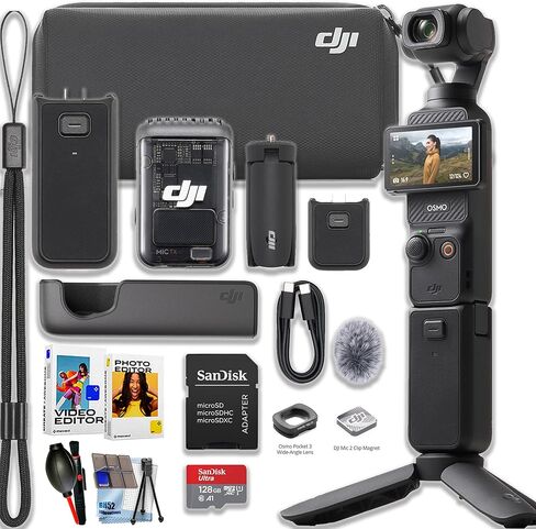 مجموعة DJI Osmo Pocket 3 Creator Combo مع جهاز إرسال/مسجل بمشبك وعدسة زاوية واسعة ومقبض بطارية وحامل ثلاثي صغير وحقيبة حمل + بطاقة Micro SD سعة 128 جيجابايت ومجموعة تنظيف in Kuwait
