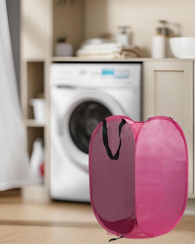 Collapsible Laundry Hamper Foldable Clothes Basket with Mesh Sides Handles for Storage and Organization Pink BLC732-01 in Saudi Arabia