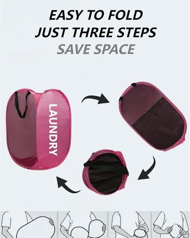 Collapsible Laundry Hamper Foldable Clothes Basket with Mesh Sides Handles for Storage and Organization Pink BLC732-01 in Saudi Arabia