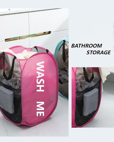 Collapsible Laundry Hamper Foldable Clothes Basket with Mesh Sides Handles for Storage and Organization Pink BLC732-01 in Saudi Arabia