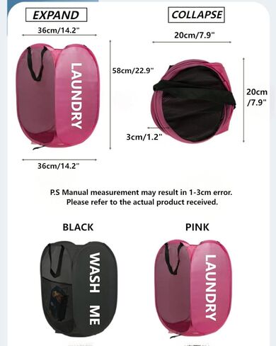 Collapsible Laundry Hamper Foldable Clothes Basket with Mesh Sides Handles for Storage and Organization Pink BLC732-01 in Saudi Arabia