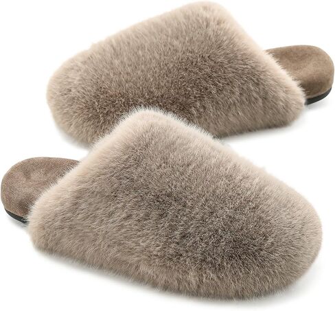 Women's Fuzzy Slide Slippers - Cozy Fleece Lining and Rubber Insoles & Non-Slip Rubber Sole for Indoor Outdoor Comfort in Saudi Arabia