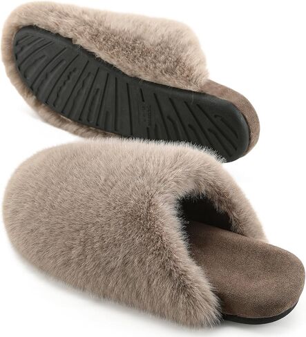 Women's Fuzzy Slide Slippers - Cozy Fleece Lining and Rubber Insoles & Non-Slip Rubber Sole for Indoor Outdoor Comfort in Saudi Arabia