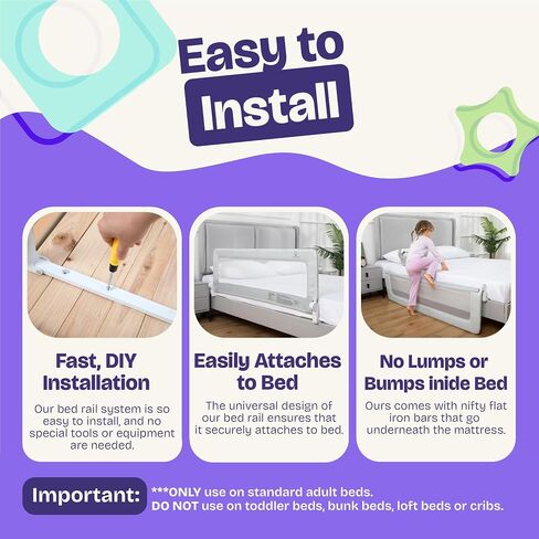 حاجز سرير ComfyBumpy مكون من قطعة واحدة للأطفال الصغار مقاس 55.5 بوصة طولًا × 19.5 بوصة ارتفاعًا | حواجز سرير للأطفال الصغار لمراتب توأم وكاملة وكوين وكينج | تأرجح أسفل حارس السكك الحديدية | مرتبة جانبية للأطفال | رمادي in Kuwait
