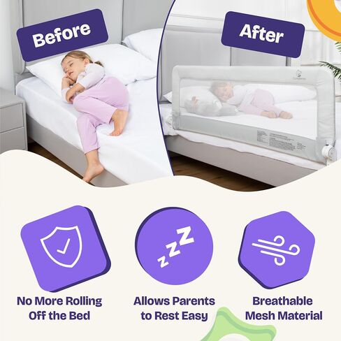حاجز سرير ComfyBumpy مكون من قطعة واحدة للأطفال الصغار مقاس 55.5 بوصة طولًا × 19.5 بوصة ارتفاعًا | حواجز سرير للأطفال الصغار لمراتب توأم وكاملة وكوين وكينج | تأرجح أسفل حارس السكك الحديدية | مرتبة جانبية للأطفال | رمادي in Kuwait