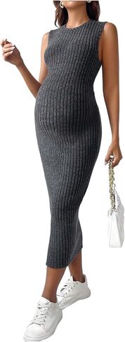 MakeMeChic Women's Maternity Dresses Sleeveless Crew Neck Bodycon Knit Long Dress Maternity Clothes in Saudi Arabia