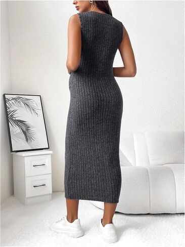 MakeMeChic Women's Maternity Dresses Sleeveless Crew Neck Bodycon Knit Long Dress Maternity Clothes in Saudi Arabia