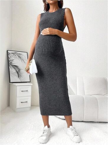 MakeMeChic Women's Maternity Dresses Sleeveless Crew Neck Bodycon Knit Long Dress Maternity Clothes in Saudi Arabia