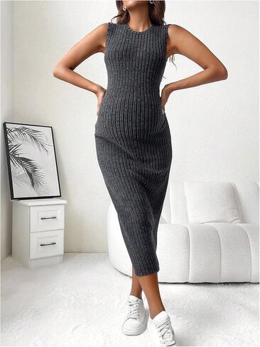 MakeMeChic Women's Maternity Dresses Sleeveless Crew Neck Bodycon Knit Long Dress Maternity Clothes in Saudi Arabia
