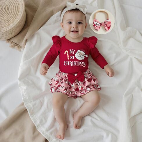 Newborn Baby Girl Christmas Outfits Ruffled Long Sleeve Romper Bloomers Shorts and Bow Headband Cute Fall Clothes in Saudi Arabia
