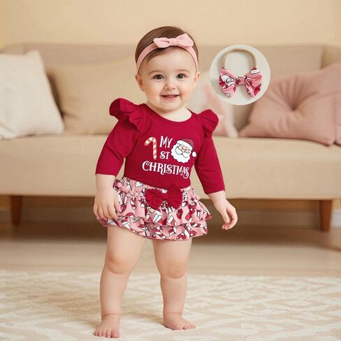 Newborn Baby Girl Christmas Outfits Ruffled Long Sleeve Romper Bloomers Shorts and Bow Headband Cute Fall Clothes in Saudi Arabia
