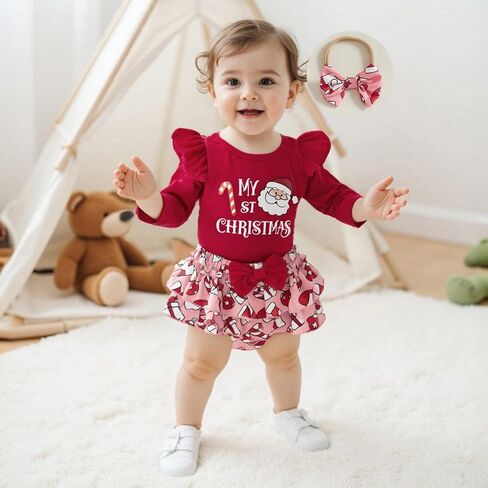 Newborn Baby Girl Christmas Outfits Ruffled Long Sleeve Romper Bloomers Shorts and Bow Headband Cute Fall Clothes in Saudi Arabia