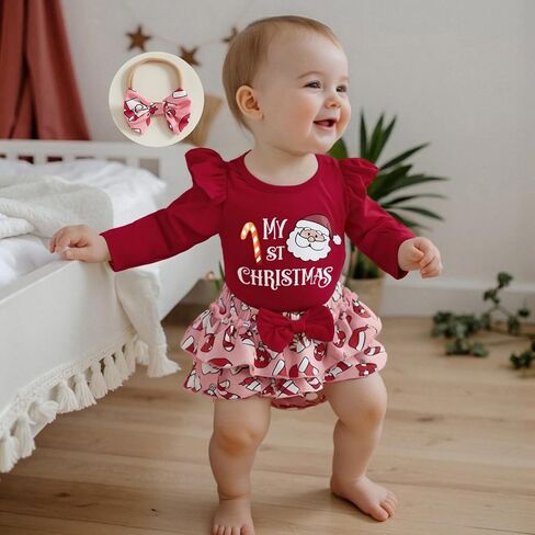 Newborn Baby Girl Christmas Outfits Ruffled Long Sleeve Romper Bloomers Shorts and Bow Headband Cute Fall Clothes in Saudi Arabia