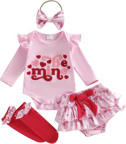 BeQeuewll My First Valentines Day Baby Girl Outfit Newborn Heart Embroidery Romper+Tutu Shorts+Socks+Headband 4Pcs Clothing in Saudi Arabia